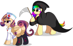 Size: 9050x5700 | Tagged: safe, artist:rainbowtashie, oc, oc:princess young heart, oc:rainbow tashie, alicorn, earth pony, pony, alicorn oc, alicorn princess, annoyed, blushing, butt, clothes, commissioner:bigonionbean, cutie mark, extra thicc, female, filly, flank, fusion, fusion:apple bloom, fusion:dinky hooves, fusion:scootaloo, fusion:sweetie belle, glare, grim reaper, hat, horn, mare, naughty, nurse, nurse hat, nurse outfit, plot, scythe, simple background, socks, stockings, sultry pose, teenager, thigh highs, transparent background, wings, writer:bigonionbean