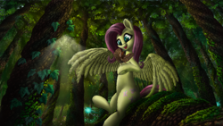 Size: 1920x1080 | Tagged: safe, artist:nuxersopus, fluttershy, bird, pegasus, pony, g4, cute, foliage, forest, moss, scenery, shyabetes, solo, that pony sure does love animals, tree, wisp