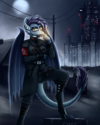 Size: 3200x4000 | Tagged: safe, artist:sinniepony, oc, oc only, oc:smold, dragon, anthro, digitigrade anthro, equestria at war mod, arm under breasts, breasts, cigarette, clothes, dragon oc, dragoness, female, kgb, moon, night, smoking, solo, stalliongrad, town, uniform