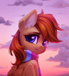 Size: 2000x2178 | Tagged: safe, artist:inowiseei, oc, oc only, oc:amber dart, pegasus, pony, bust, clothes, female, freckles, high res, looking at you, mare, portrait, scarf, solo