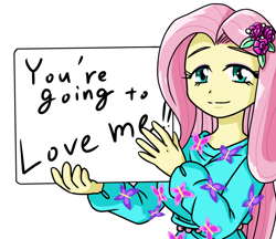 Size: 740x640 | Tagged: safe, artist:batipin, fluttershy, equestria girls, g4, my little pony equestria girls: better together, female, looking at you, sign, simple background, solo, white background, you're going to love me