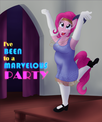 Size: 2000x2400 | Tagged: safe, artist:sixes&sevens, pinkie pie, earth pony, anthro, g4, arms in the air, breasts, busty pinkie pie, chubby, clothes, dancing, dress, evening gloves, feather, flapper, gloves, headband, high res, jewelry, long gloves, necklace, shoes, socks, thigh highs