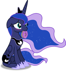 Size: 3680x3964 | Tagged: safe, artist:anime-equestria, princess luna, alicorn, pony, g4, blushing, crown, cute, donut, female, floppy ears, food, happy, high res, horn, jewelry, lunabetes, mare, mouth hold, regalia, simple background, sitting, solo, transparent background, vector, wings