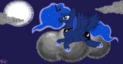 Size: 1054x550 | Tagged: safe, artist:maverickmam, princess luna, alicorn, pony, g4, cloud, ethereal mane, female, full moon, hoof shoes, jewelry, lying down, mare, moon, on a cloud, peytral, prone, signature, solo, starry mane, tiara