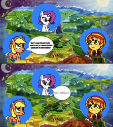 Size: 1386x1555 | Tagged: safe, artist:logan jones, applejack, rarity, sunset shimmer, pony, unicorn, equestria girls, g4, 2 panel comic, accent, captain n, comic, equestria, font, hello mario, map, meme, nintendo sex ed, ponified meme, the super mario bros. super show!