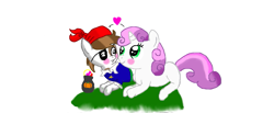 Size: 1051x435 | Tagged: safe, artist:maverickmam, pipsqueak, sweetie belle, earth pony, pony, unicorn, g4, bandana, colt, eyepatch, female, filly, heart, male, ship:sweetiesqueak, shipping, simple background, straight, white background