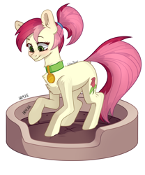 Size: 2500x3000 | Tagged: safe, artist:chibadeer, roseluck, earth pony, pony, g4, alternate hairstyle, behaving like a cat, collar, commissioner:doom9454, cute, cyrillic, fluffy, high res, pet bed, pet tag, pony pet, ponytail, rosabetes, rosepet, russian