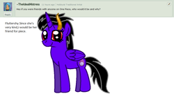 Size: 1011x548 | Tagged: safe, artist:maverickmam, oc, oc only, oc:dark blaze, pony, ask, female, horn, mare, multiple horns, smiling, solo, tricorn, wings