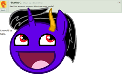 Size: 990x602 | Tagged: safe, artist:maverickmam, oc, oc only, oc:dark blaze, pony, :d, ask, bust, female, horn, mare, multiple horns, smiling, solo, tricorn, wings