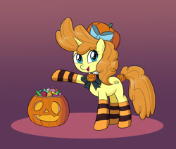 Size: 1300x1100 | Tagged: safe, artist:mew-me, pumpkin cake, pony, unicorn, g4, bow, bowtie, candy, clothes, cute, female, food, hair bow, halloween, hat, holiday, jack-o-lantern, mare, name pun, nightmare night, older, older pumpkin cake, open mouth, pumpkin, pumpkin bucket, pun, raised hoof, socks, solo, striped socks