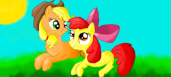 Size: 1051x475 | Tagged: safe, artist:maverickmam, apple bloom, applejack, earth pony, pony, g4, bow, duo, female, filly, hair bow, hat, lying down, mare, outdoors, prone, siblings, sisters, sun
