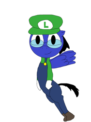 Size: 1796x2384 | Tagged: safe, artist:blazewing, oc, oc only, oc:blazewing, pegasus, semi-anthro, airborne, arm hooves, cap, clothes, costume, flying, glasses, gloves, halloween, halloween costume, hat, holiday, looking at you, luigi, luigi's hat, male, nightmare night, nightmare night costume, overalls, shirt, shoes, simple background, smiling, solo, stallion, super mario bros., undershirt, white background