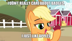 Size: 889x500 | Tagged: safe, edit, edited screencap, screencap, applejack, earth pony, pony, g4, the last problem, apple, barn, caption, farm, female, fence, food, happy, hoof hold, image macro, meme, open mouth, solo, text, that pony sure does love apples