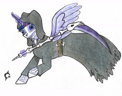 Size: 1563x1235 | Tagged: safe, artist:assertiveshypony, twilight sparkle, alicorn, pony, g4, black coat, bodypaint, bone, drawing, grim reaper, magic, scythe, simple background, solo, traditional art, twilight sparkle (alicorn), white background