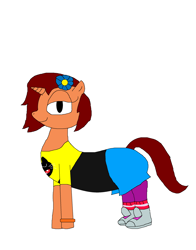 Size: 2048x2608 | Tagged: safe, artist:blazewing, oc, oc only, oc:tough cookie, pony, unicorn, chubby, clothes, costume, female, flower, flower in hair, glitch techs, halloween, halloween costume, high res, holiday, looking at you, mare, miko kubota, nightmare night, nightmare night costume, plump, shirt, shoes, simple background, skirt, smiling, socks, solo, tights, white background
