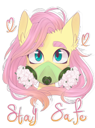 Size: 2000x2700 | Tagged: safe, artist:silbersternenlicht, fluttershy, pegasus, pony, g4, bust, coronavirus, covid-19, female, flower, gas mask, high res, mare, mask, simple background, solo, transparent background