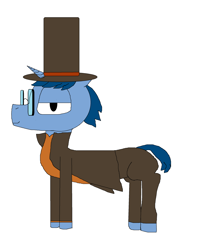 Size: 2112x2608 | Tagged: safe, artist:blazewing, oc, oc only, oc:syntax, pony, unicorn, clothes, costume, glasses, halloween, halloween costume, hat, high res, holiday, longcoat, looking at you, male, nightmare night, nightmare night costume, pants, professor layton, simple background, smiling, solo, stallion, top hat, white background