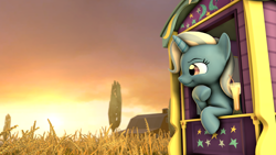 Size: 5760x3240 | Tagged: safe, artist:lagmanor, trixie, pony, unicorn, g4, 3d, absurd file size, absurd resolution, barn, drink, female, food, hoof on chin, mare, smiling, smirk, solo, source filmmaker, straw, sunset, trixie's wagon, wagon, wheat