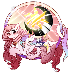 Size: 3116x3345 | Tagged: safe, artist:krissstudios, oc, oc only, pegasus, pony, colored wings, cuddling, dreamcatcher, female, high res, mare, moon, multicolored wings, simple background, sun, transparent background, wings