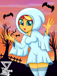 Size: 2400x3168 | Tagged: safe, artist:theretroart88, sunset shimmer, ghost, undead, equestria girls, g4, clothes, costume, cute, female, halloween, halloween costume, high res, holiday, open mouth, shimmerbetes, solo, stockings, thigh highs, thigh socks