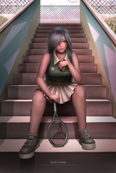 Size: 1280x1920 | Tagged: safe, artist:rosinyam, marble pie, human, g4, clothes, commission, cutie mark, cutie mark on clothes, female, humanized, sitting, solo, sports, stairs, tennis, tennis ball, tennis racket, tennis shoes
