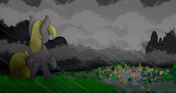 Size: 4096x2160 | Tagged: safe, artist:darbedarmoc, oc, oc only, oc:nimax coltlight, pony, unicorn, bridge, canterlot, chest fluff, cloud, ear fluff, everfree forest, from behind, grass, looking in the distance, mane, mountain, ponyville, rain, river, school, silhouette, solo, standing, tale, town, town hall, tree, weather, wet