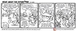 Size: 1600x655 | Tagged: safe, artist:lummh, luster dawn, oc, oc:messier, griffon, hippogriff, pegasus, pony, unicorn, yak, comic:what about the future, g4, clone, comic, open mouth, speech bubble, walking