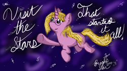 Size: 1280x720 | Tagged: safe, artist:bryastar, oc, oc only, oc:bright star, pony, unicorn, cursive writing, female, floating, floating in space, galaxy, solo, space