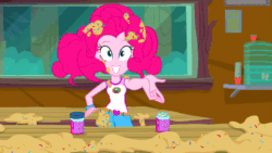 Size: 800x450 | Tagged: safe, screencap, pinkie pie, equestria girls, g4, my little pony equestria girls: legend of everfree, adorasexy, animated, camp everfree outfits, cute, dough, female, food, gif, hand on hip, mess, messy hair, pinkie being pinkie, sexy, solo, sprinkles