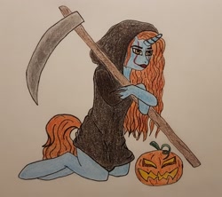 Size: 2453x2177 | Tagged: safe, artist:zosma-art, oc, oc:vega, pony, unicorn, clothes, colored pencil drawing, costume, female, halloween, halloween costume, high res, holiday, mare, pumpkin, solo, traditional art
