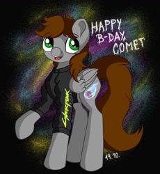 Size: 1280x1394 | Tagged: safe, artist:appleneedle, oc, oc only, oc:comet fire, pegasus, pony, birthday, clothes, cyberpunk, hoodie, present, solo