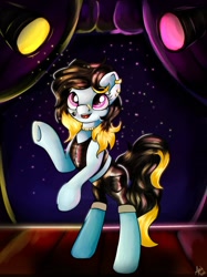 Size: 1280x1712 | Tagged: safe, artist:appleneedle, oc, oc only, oc:golden voice, earth pony, pony, clothes, commission, curtains, emo, leather, light, singer, singing, solo, sparkles, stage