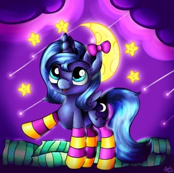 Size: 1280x1268 | Tagged: safe, artist:appleneedle, princess luna, alicorn, pony, art, character, clothes, cloud, cute, cutie mark, dark, digital, draw, drawing, dream, evening, fanart, female, filly, horn, lunabetes, moon, night, paint, painting, patreon, patreon reward, pillow, reward, shooting star, small, smiling, socks, solo, stars, striped socks, wings, woona, younger