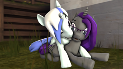 Size: 1920x1080 | Tagged: safe, artist:scratch_wub, oc, oc only, oc:etheria galaxia, oc:scratch wub, alicorn, pony, unicorn, 3d, alicorn oc, duo, female, glomp, horn, imminent kissing, lying down, male, mare, nuzzling, ship:scratchtheria, shipping, smiling, source filmmaker, stallion, wings