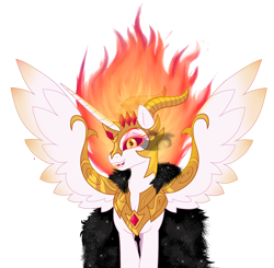 Size: 1200x1175 | Tagged: safe, artist:unoriginai, daybreaker, pony, g4, alternate design, fur coat, horns, looking at you, mane of fire, simple background, solo, transparent background