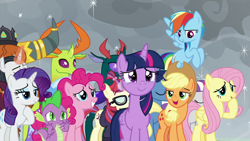 Size: 1920x1080 | Tagged: safe, screencap, applejack, chancellor neighsay, fluttershy, moondancer, night light, pharynx, pinkie pie, prince rutherford, rainbow dash, rarity, spike, thorax, trixie, twilight sparkle, twilight velvet, alicorn, changedling, changeling, dragon, earth pony, pegasus, pony, unicorn, yak, g4, the ending of the end, crying, king thorax, mane seven, mane six, prince pharynx, tears of joy, twilight sparkle (alicorn), winged spike, wings