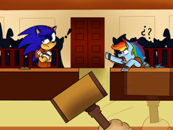Size: 1280x960 | Tagged: safe, artist:cosmomuffins, rainbow dash, g4, clothes, courtroom, cuffs, male, prison outfit, prisoner rd, sonic the hedgehog, sonic the hedgehog (series), sonic vs rainbow dash