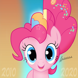Size: 1500x1500 | Tagged: safe, artist:archooves, derpibooru exclusive, pinkie pie, earth pony, pony, mlp fim's tenth anniversary, g4, the last problem, 2010, 2010s, 2020, cute, female, happy birthday mlp:fim, looking at you, older, older pinkie pie, open mouth, rainbow power, smiling, solo, two sides