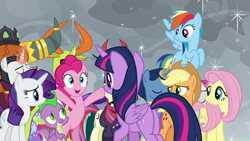 Size: 1920x1080 | Tagged: safe, screencap, applejack, chancellor neighsay, fluttershy, moondancer, night light, pharynx, pinkie pie, prince rutherford, rainbow dash, rarity, spike, thorax, trixie, twilight sparkle, twilight velvet, alicorn, changedling, changeling, dragon, earth pony, pegasus, pony, yak, g4, the ending of the end, bipedal, colt, female, hooves in air, king thorax, male, mane seven, mane six, mare, open mouth, prince pharynx, twibutt, twilight sparkle (alicorn), winged spike, wings, x pose