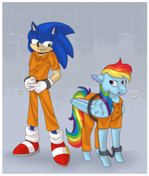 Size: 1079x1280 | Tagged: safe, artist:primaldonna, rainbow dash, g4, clothes, cuffs, duo, male, prison outfit, prisoner rd, sonic the hedgehog, sonic the hedgehog (series)