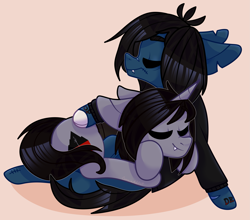 Size: 2817x2480 | Tagged: safe, artist:narik, earth pony, pony, undead, unicorn, zombie, zombie pony, bone, bring me the horizon, clothes, commission, disguise, disguised siren, fangs, floppy ears, gay, glasgow smile, high res, horn, in lap, kellin quinn, leaning back, long sleeves, male, oliver sykes, ponified, scar, shipping, shirt, simple background, sitting, sitting on lap, sleeping, sleeping on lap, sleeping with sirens, stitches, t-shirt, tattoo, torn ear, ych result