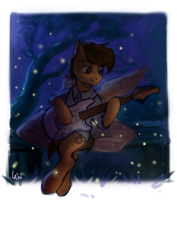 Size: 2480x3508 | Tagged: safe, artist:loonya, oc, oc only, oc:toanderic, firefly (insect), insect, pegasus, pony, bench, bottomless, clothes, crossed hooves, electric guitar, eyebrows, eyebrows visible through hair, guitar, high res, male, moonlight, musical instrument, night, park, partial nudity, pegasus oc, pillow, playing, playing instrument, shirt, signature, sitting, smiling, solo, spread wings, stallion, stars, stratocaster, tree, wings
