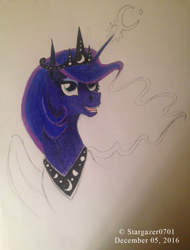 Size: 1178x1547 | Tagged: safe, artist:stargazerseven, princess luna, alicorn, pony, g4, bust, female, jewelry, mare, partial color, peytral, smiling, tiara, traditional art
