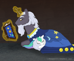 Size: 1936x1600 | Tagged: safe, artist:stargazerseven, princess celestia, star swirl the bearded, pony, g4, book, cloak, clothes, duo, female, filly, filly celestia, incorrect color scheme, male, sleeping, stallion, younger