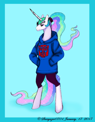 Size: 1078x1376 | Tagged: safe, artist:stargazerseven, princess celestia, alicorn, anthro, unguligrade anthro, g4, abstract background, alternate hairstyle, clothes, ethereal mane, female, hairband, hoodie, solo, starry mane, transformers