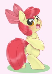 Size: 1075x1536 | Tagged: safe, artist:kurogewapony, apple bloom, earth pony, pony, g4, adorabloom, bipedal, blank flank, bloom butt, blushing, bow, butt, cute, female, filly, hair bow, looking at you, looking back, looking back at you, open mouth, plot, simple background, smiling, solo