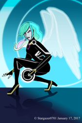 Size: 1739x2592 | Tagged: safe, artist:stargazerseven, princess celestia, principal celestia, human, equestria girls, g4, 2017, bodysuit, clothes, crossover, female, high heels, humanized, identity disk, shoes, solo, tron, winged humanization, wings