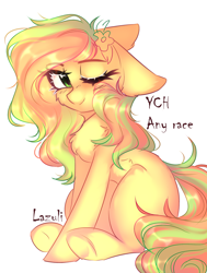 Size: 2040x2696 | Tagged: safe, artist:mint-light, oc, oc only, earth pony, pony, chest fluff, earth pony oc, high res, one eye closed, signature, sitting, solo, wink, ych example, your character here