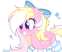 Size: 1856x1556 | Tagged: safe, artist:mint-light, oc, oc only, oc:bay breeze, pegasus, pony, bow, clothes, cute, female, grin, hair bow, heart eyes, mare, ocbetes, pegasus oc, signature, simple background, smiling, socks, solo, striped socks, transparent background, wingding eyes, wings