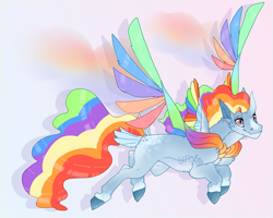 Size: 1873x1500 | Tagged: safe, artist:seffiron, oc, oc only, oc:prismatis, pegasus, pony, colored wings, multicolored wings, offspring, parent:pony of shadows, parent:rainbow dash, solo, tail feathers, wings